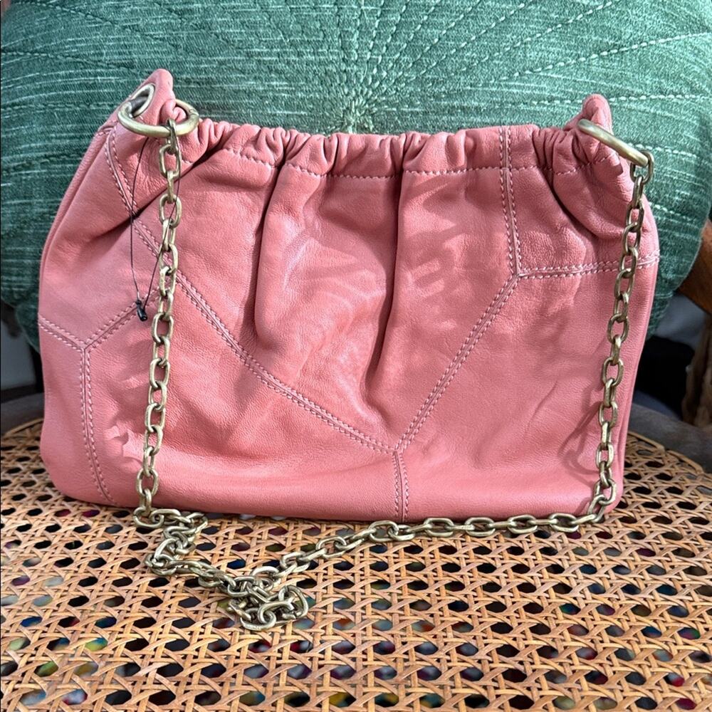Free People Something Good Dusk Coral Leather Antique Gold Chain Clutch Bag